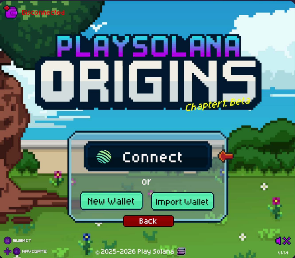 Origins on the PSG1, on the connect-wallet screen